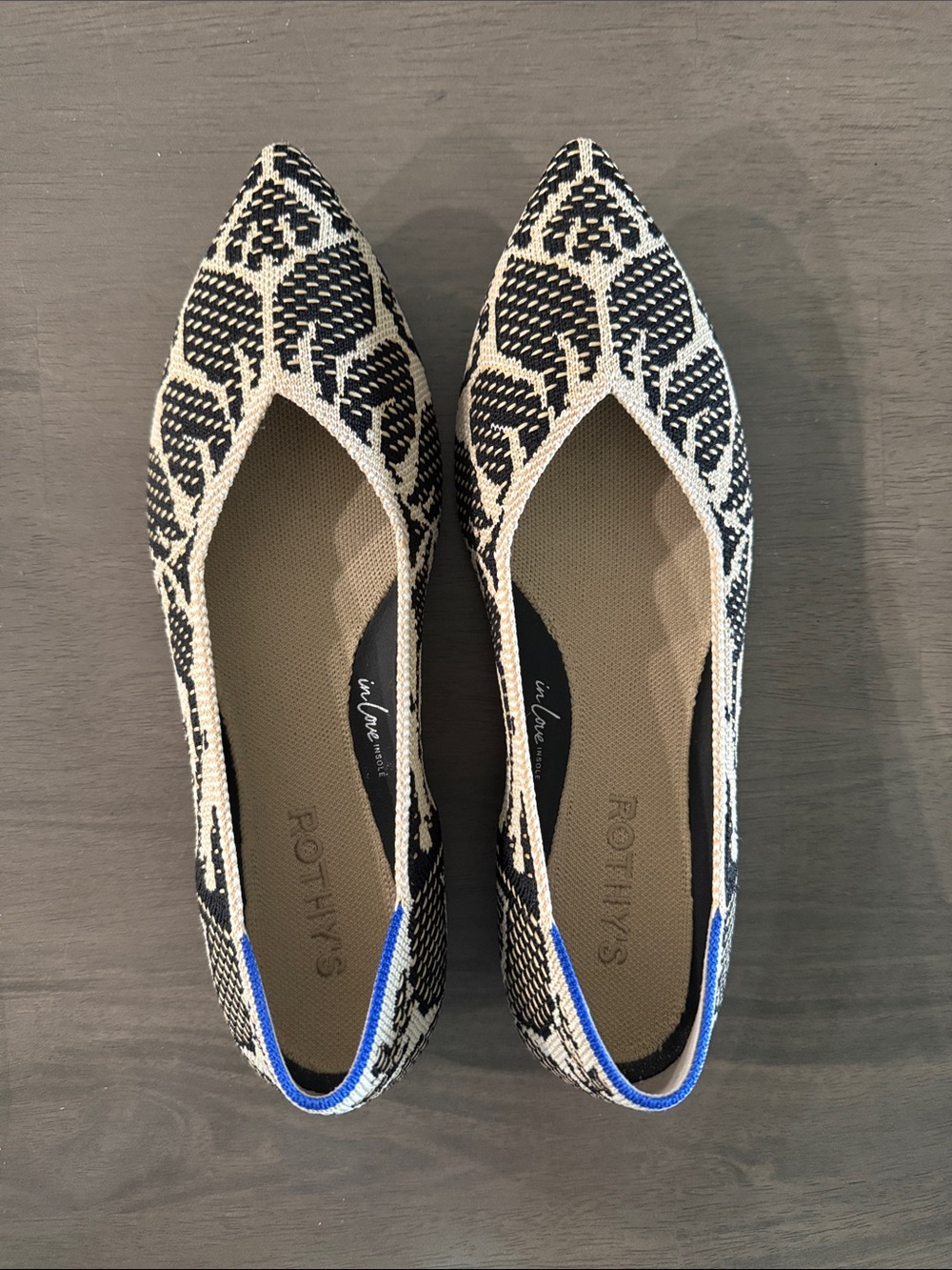Rothy's Black and White Pointed Knit Flats with Blue Accent